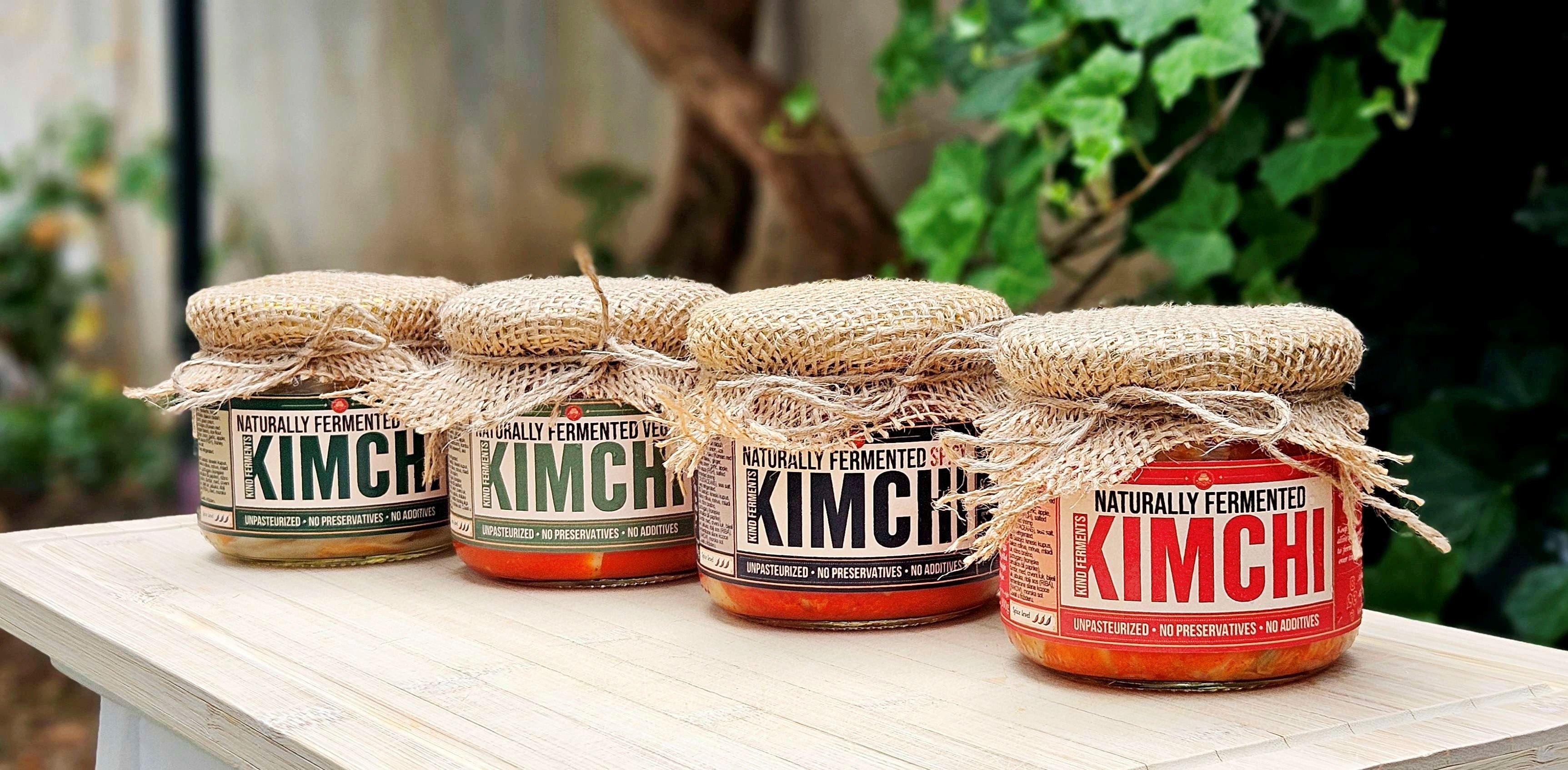 Four kinds of Kind Ferments kimchi in jars